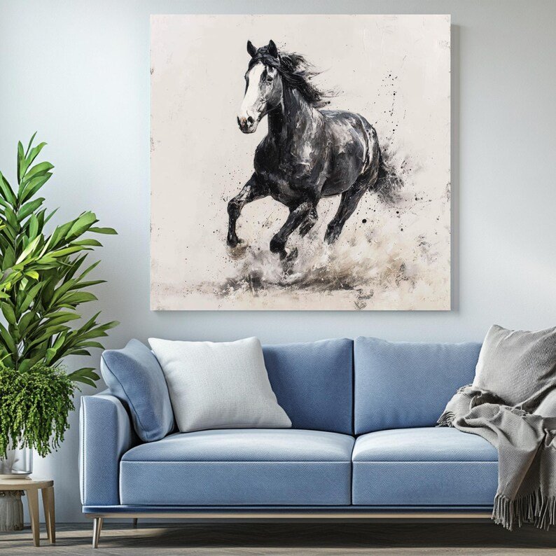 Black Horse Wall Art, Canvas Or Poster, Modern Farmhouse Decor, Living Room Office Decor, Stallion Painting, Equestrian Home Art - Image 3