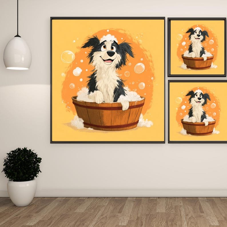 Playful Dog Bubble Bath Art, Canvas or Poster, Whimsical Animal Artwork, Bathroom Wall Hanging, Playful Pet Wall Decor, Orange Yellow - Image 2