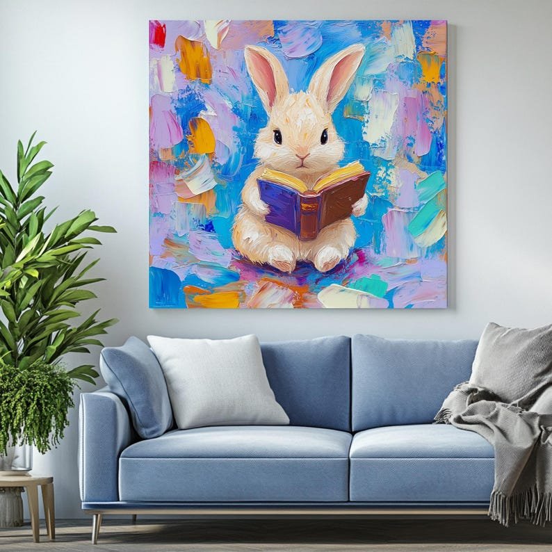 Bunny Wall Art, Canvas Or Poster, Rabbit Wall Decor, Animal Home Decor, Kids Decor, Living Room Decor, Book Lover Decor, Reading Art - Image 4