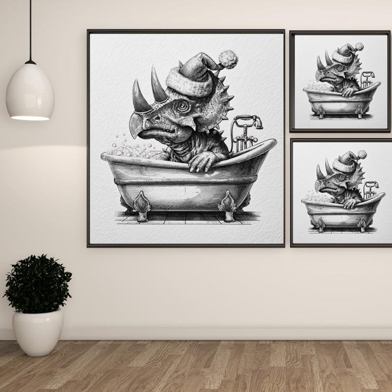 Triceratops In Bathtub Art, Canvas Or Poster, Funny Animal Bathroom Wall Decor, Santa Hat Dinosaur Print, Holiday Home Decor, Dinosaur Art - Image 2