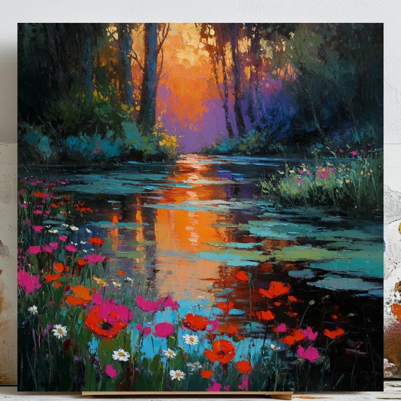 Floral River Wall Art, Canvas Or Poster, Nature Wall Decor, Impressionist Decor, Living Room Decor, Bedroom Wall Art, Landscape Wall Print