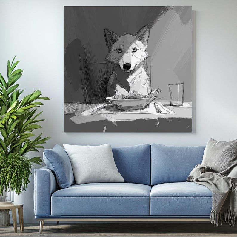 Wolf At Dinner Table, Canvas Or Poster, Animal Wall Art, Living Room Dining Room Art, Wolf Print, Contemporary Wall Hanging, Wolf Decor - Image 4