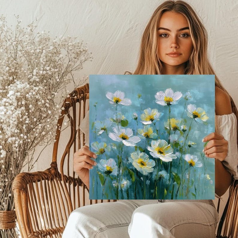 White Cosmos Flower Wall Art, Canvas Or Poster, Floral Oil Painting, Teal Botanical Decor, Living Room Decor, Modern Farmhouse Wall Hanging - Image 5