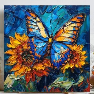 Butterfly Wall Art, Canvas or Poster, Colorful Nature Painting, Sunflower Artwork, Textured Floral Decor, Living Room Wall Art, Home Decor