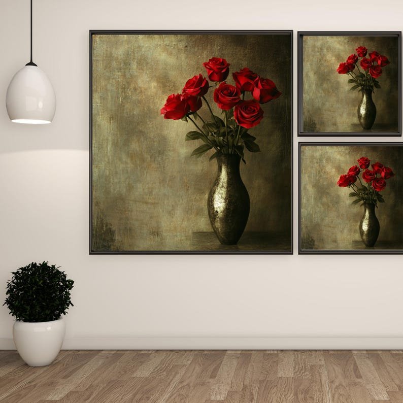 Red Rose Bouquet Art Print: Vintage Floral Vase Decor - Image 2