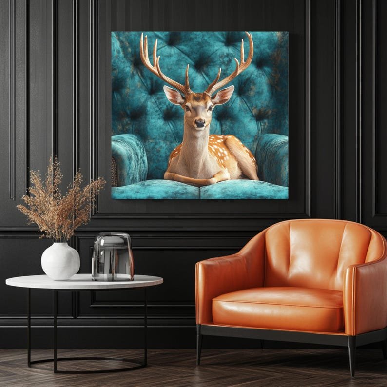 Regal Deer Wall Art, Canvas or Poster, Woodland Animal Decor, Elegant Home Wall Hanging, Classic Modern Art, Teal and Brown Design - Image 3