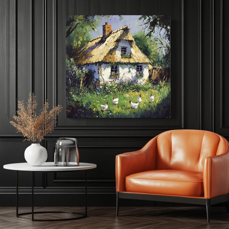 Chicken and Flower Wall Art, Poster or Canvas, Thatch Roof House Decor, Farmhouse Art, Rural Home Decor, Rustic Wall Accent, Minimalist Art - Image 3