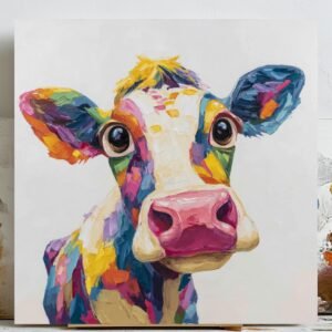 Colorful Cow Wall Art, Canvas or Poster, Farmhouse Kitchen Decor, Modern Animal Painting, Living Room Decor, Rustic Home Art, Cute Calf Art