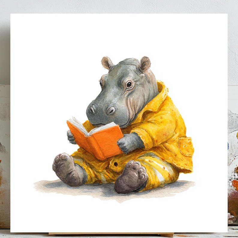 Hippo Reading Book Art, Canvas Or Poster, Kids Decor, Nursery Decor, Animal Wall Art, Living Room Decor, Office Decor, Hippo Wall Hanging