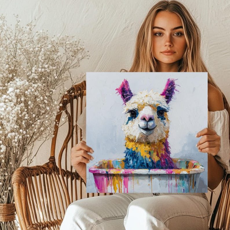 Llama In Bathtub Wall Art, Canvas Or Poster, Colorful Bathroom Decor, Whimsical Animal Painting, Kids Bathroom Decor, Alpaca Wall Hanging - Image 5