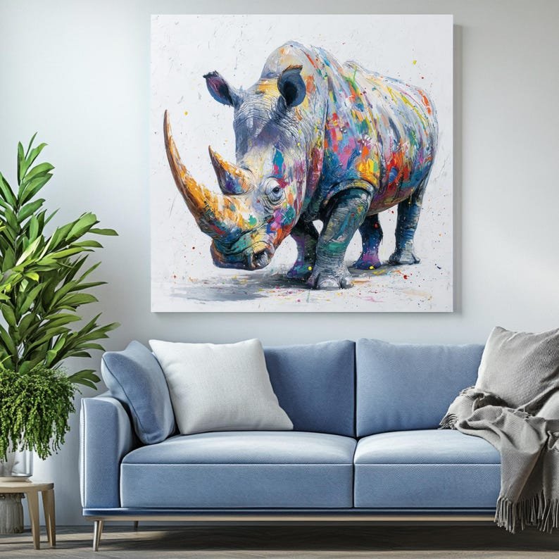 Abstract Colorful Rhino Wall Art, Canvas Or Poster, Vibrant Rhinoceros Painting, Modern Animal Decor, Living Room Decor,Unique Wildlife Gift - Image 3