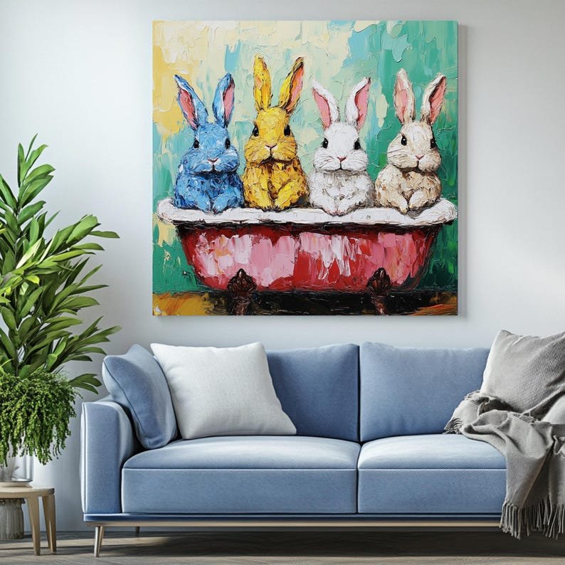 Colorful Bunny Bathtub Art, Canvas or Poster, Whimsical Bathroom Decor, Kids Room or Nursery Wall Art, Blue Yellow White Bunny Painting - Image 4