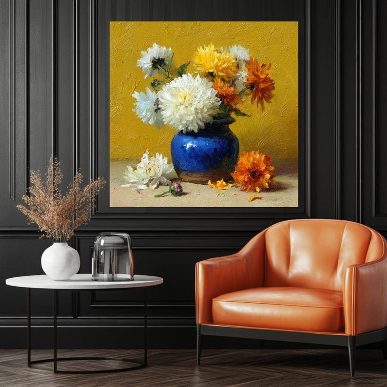 Yellow Floral Wall Art, Canvas Or Poster, Impasto Flower Oil Painting, Blue Vase Decor, Vibrant Still Life, Kitchen Decor, Farmhouse Art - Image 4