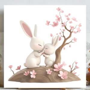 Kissing Bunny Wall Art, Canvas Or Poster, Rabbit Wall Decor, Nursery Wall Art, Kids Room Decor, Cute Animal Decor, Pink Floral Print