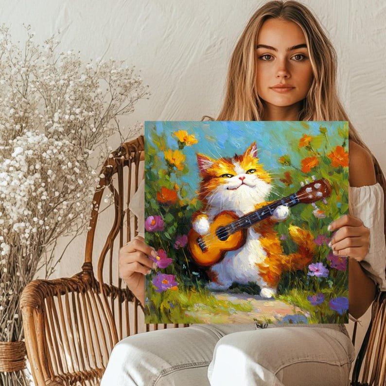 Cat Playing Guitar Wall Art, Canvas Or Poster, Whimsical Animal Painting, Colorful Floral Decor, Modern Living Room Wall Art, Boho Cat Print - Image 5