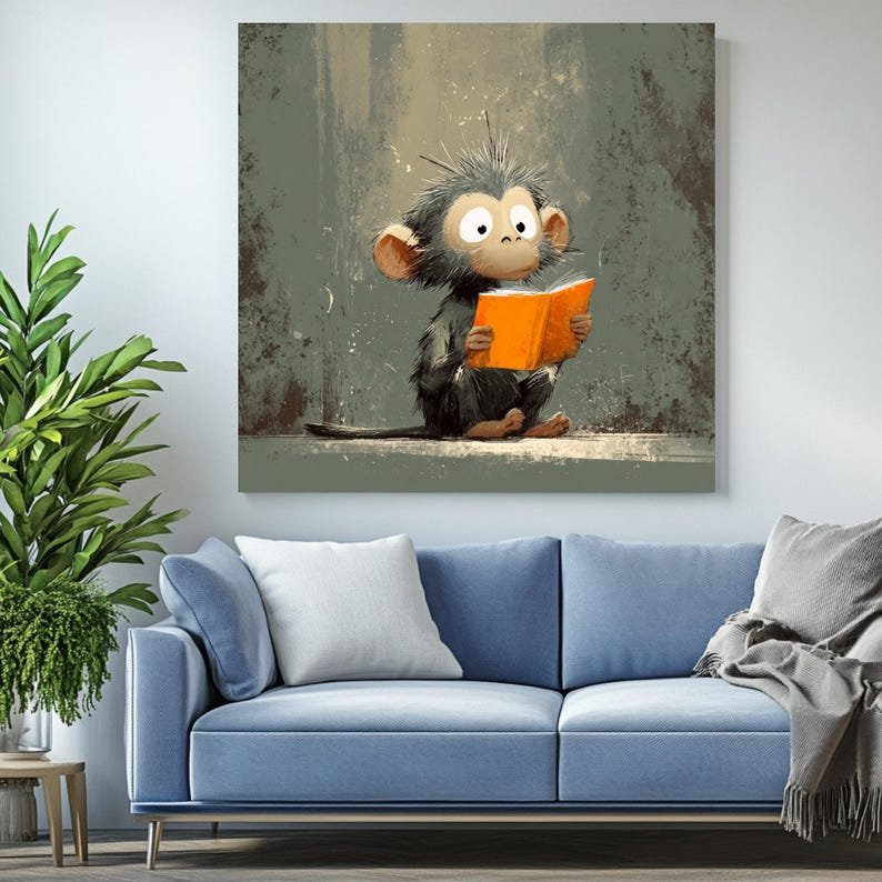 Reading Monkey Wall Art, Canvas or Poster, Whimsical Nursery Decor, Kids Room Animal Artwork, Playroom Wall Art, Educational Jungle Theme - Image 4