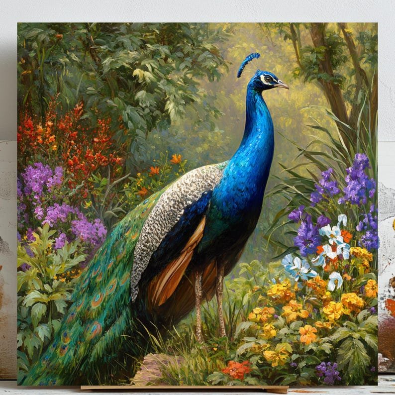 Peacock In Garden Art, Canvas or Poster, Animal Wall Art, Bathroom Wall Decor, Modern Home Artwork, Bird Wall Hanging, Floral Design