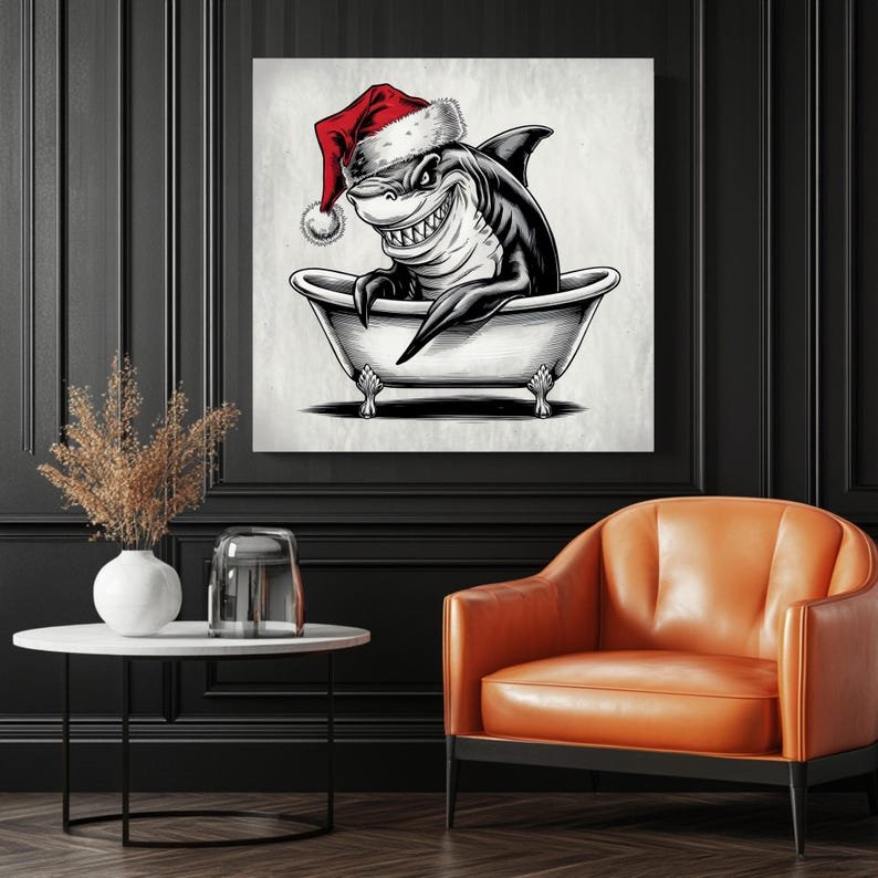 Santa Shark Wall Art, Canvas or Poster, Funny Bathroom Christmas Decor, Holiday Wall Hanging, Whimsical Shark Art for Bathroom Home Decor - Image 3