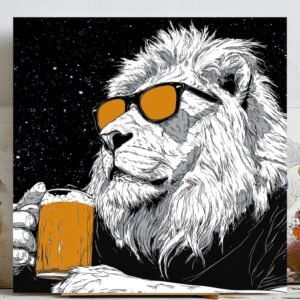 Cosmic Cool Lion Wall Art, Canvas or Poster, Pop Art Whimsical Decor, Game Room Home Bar Living Room Office Wall Art, Orange Black Grey