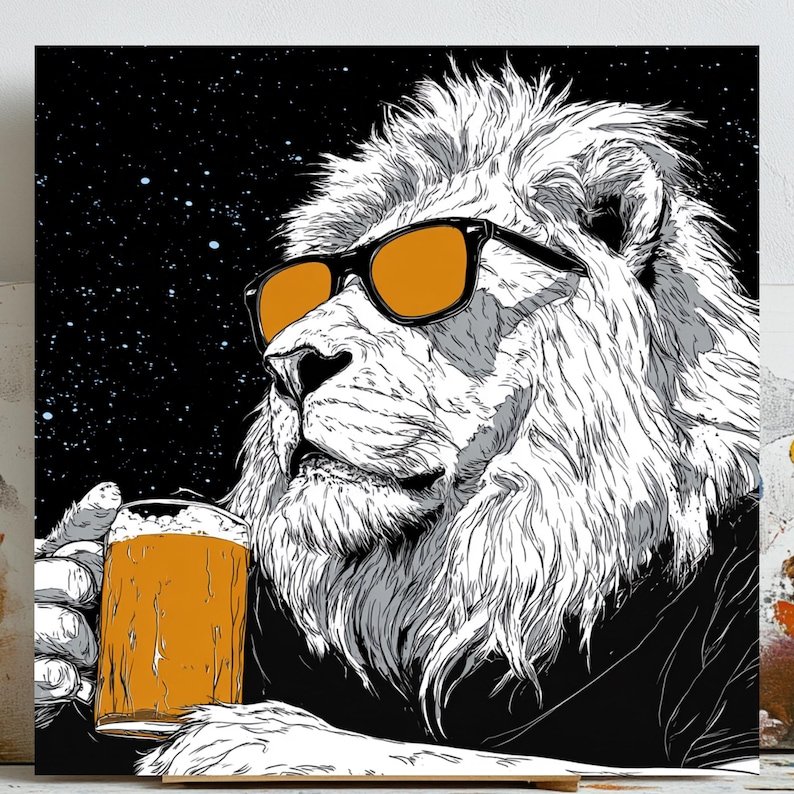 Cosmic Cool Lion Wall Art, Canvas or Poster, Pop Art Whimsical Decor, Game Room Home Bar Living Room Office Wall Art, Orange Black Grey