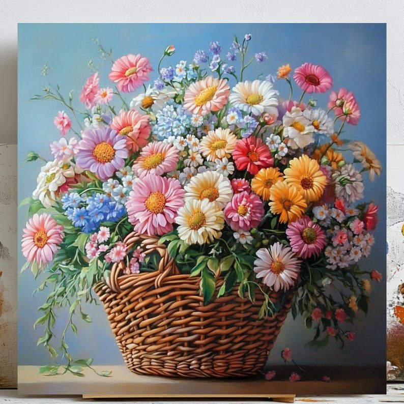 Floral Canvas Print: Colorful Flower Basket, Botanical Wall Art