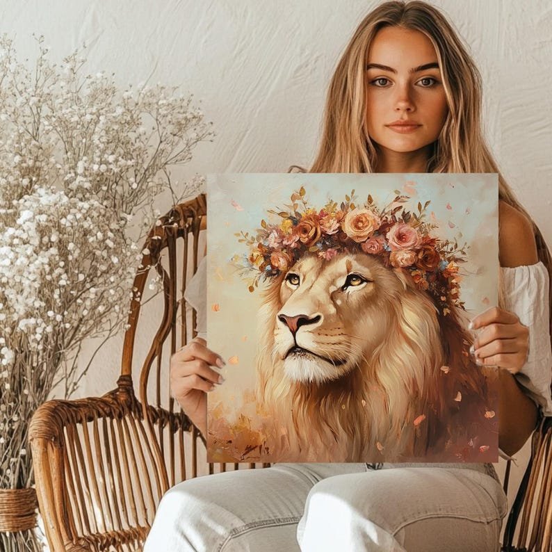 Lion With Flower Crown, Canvas Or Poster, Animal Wall Art, Wildlife Decor, Lion Wall Decor, Living Room Wall Art, Safari Home Art - Image 5