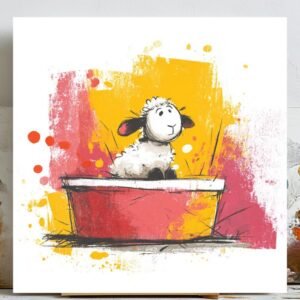 Sheep In Bucket Wall Art, Canvas Or Poster, Cute Lamb Nursery Decor, Whimsical Animal Print, Pink Yellow Kids Room Decor, Playful Sheep Art