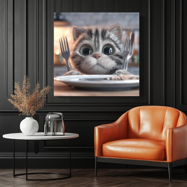 Cute Hungry Cat Wall Art, Canvas Or Poster, Nursery Decor, Kids Room Art, Kitchen Wall Decor, Home Decor, Whimsical Animal Art, Wall Hanging - Image 3