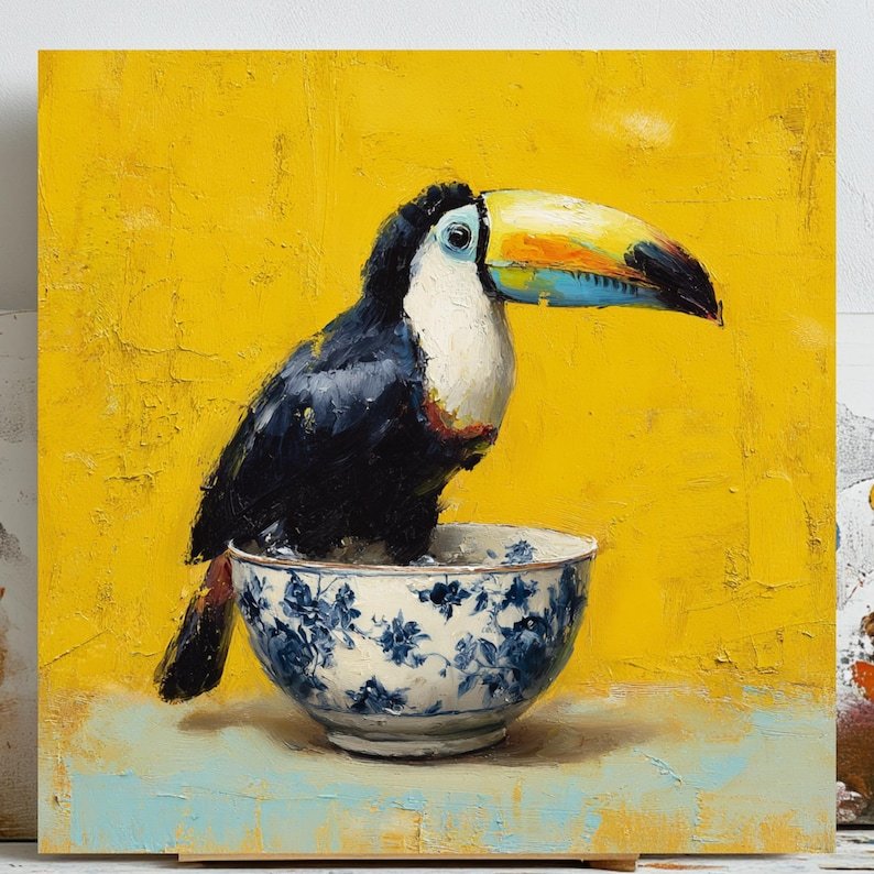 Toucan Bird Oil Painting Canvas Or Poster, Tropical Bird Wall Art, Yellow Kitchen Decor, Whimsical Animal Art, Eclectic Living Room Decor