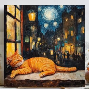 Ginger Cat Wall Art, Canvas or Poster, Animal Decor, Van Gogh Style Art, Starry Sky Cityscape, Living Room Wall Hanging, Gift For Cat Mom