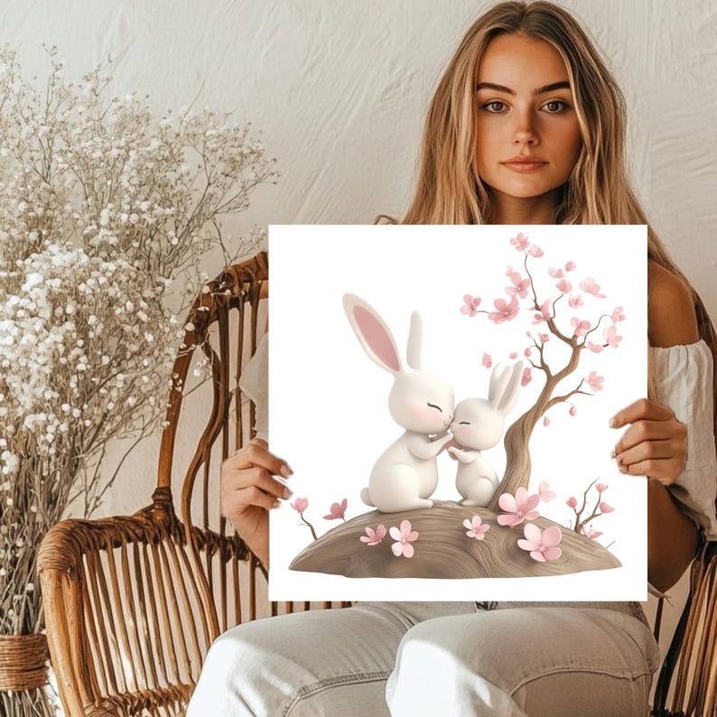 Kissing Bunny Wall Art, Canvas Or Poster, Rabbit Wall Decor, Nursery Wall Art, Kids Room Decor, Cute Animal Decor, Pink Floral Print - Image 5