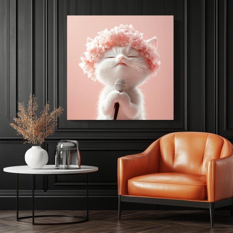 Singing Kitten Wall Art, Canvas Or Poster, Cute Cat Wall Decor, Whimsical Animal Artwork, Nursery Wall Art, Pink Flower Cat Print - Image 3