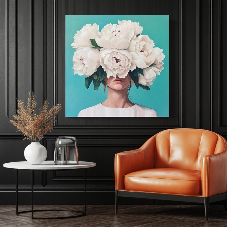 Floral Woman Portrait, Canvas or Poster, White Peony Wall Art, Modern Feminine Art, Living Room Bedroom Wall Art, Home Decor, Surreal Woman - Image 3