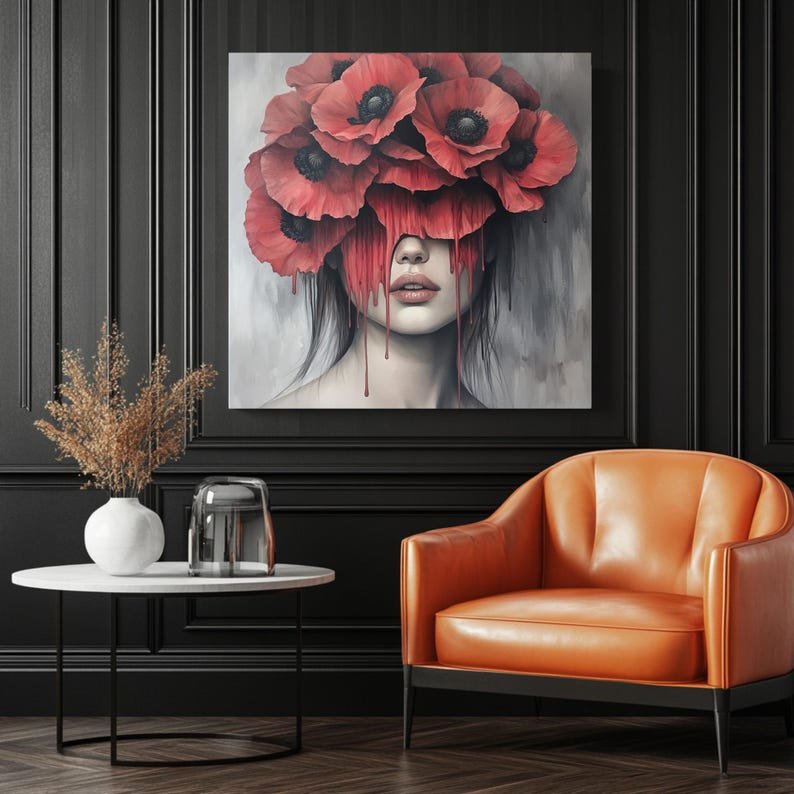 Red Poppy Woman Portrait: Surreal Fashion Illustration (Digital Wall Art) - Image 3