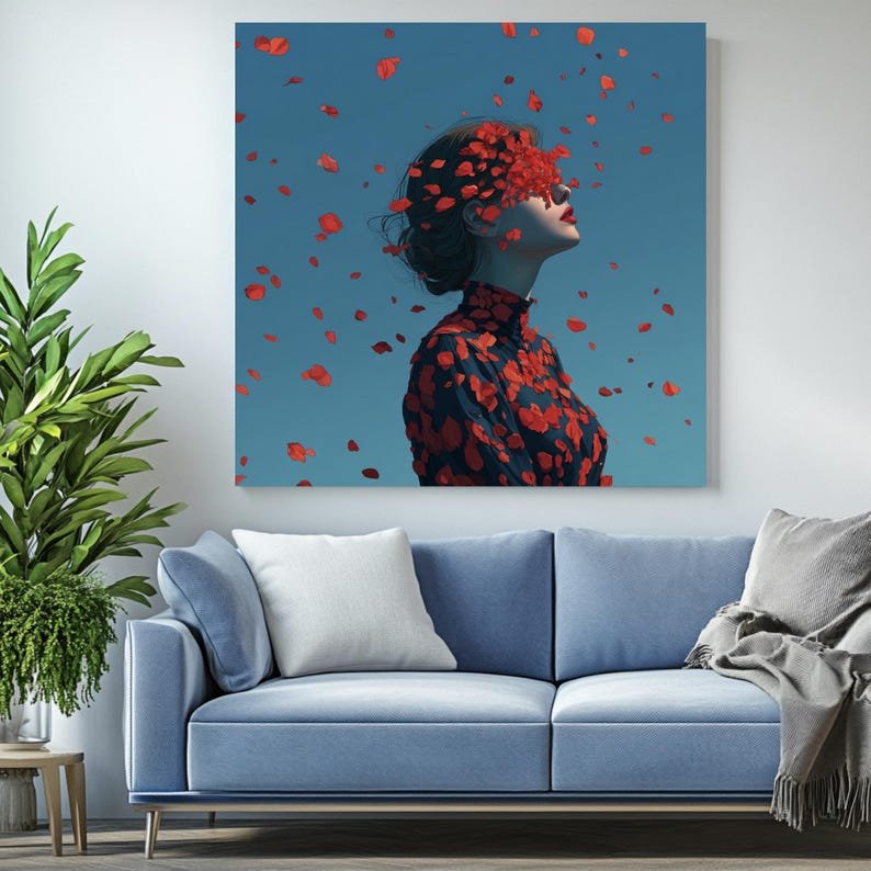 Red Petal Woman Wall Art, Canvas or Poster, Surreal Flowers Art, Home Decor, Bedroom Living Room Office Wall Hanging, Surreal Woman Art - Image 4