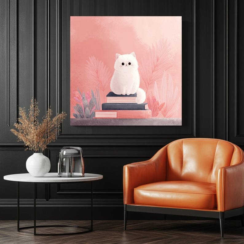 Cute White Cat Reading Artwork, Canvas Or Poster, Nursery Wall Decor, Kids Study Room Art, Whimsical Animal Illustration, Pink Home Decor - Image 3