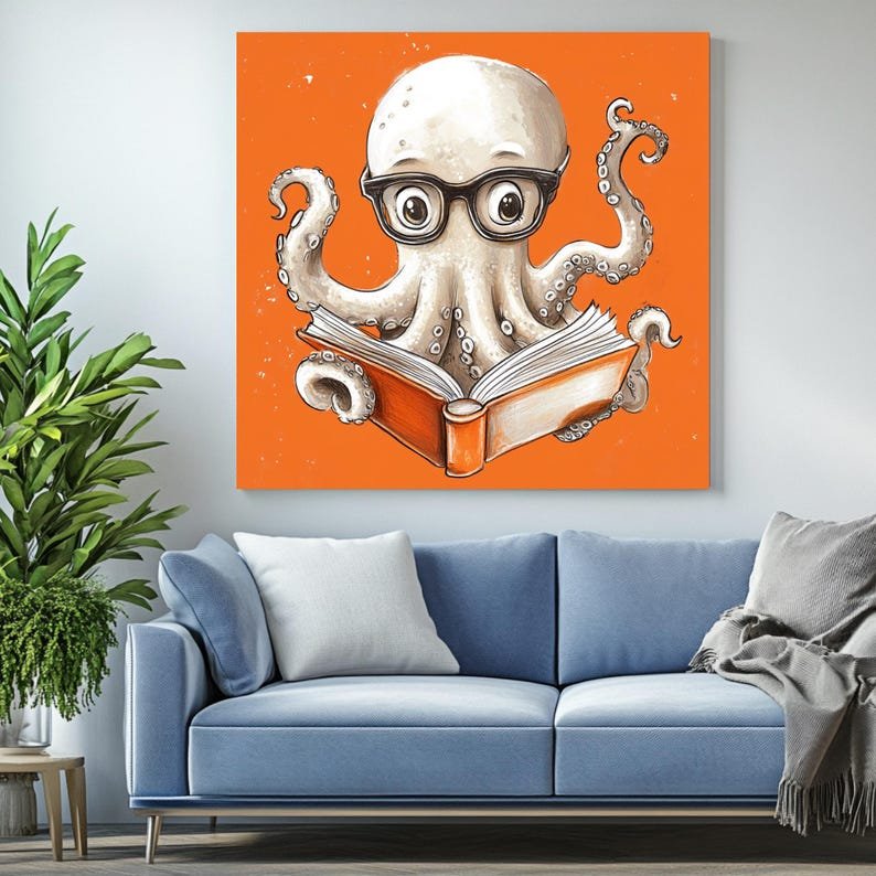 Adorable Octopus Reading Book Art, Canvas Or Poster, Charming Wall Decor for Nursery or Library, Whimsical Sea Creature Painting, Gift Idea - Image 4
