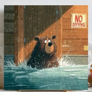 Bear In Pool Wall Art Art, Canvas or Poster, Whimsical Animal Decor, Bathroom Wall Art, Kids Room Wall Hanging,Funny Bathroom Decor,Home Art