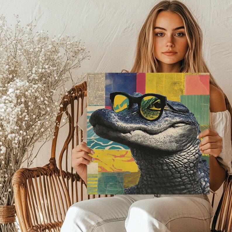 Crocodile Art, Canvas or Poster, Modern Rustic Decor, Living Room Bedroom Office Wall Art, Green Teal Brown and Gold - Image 5