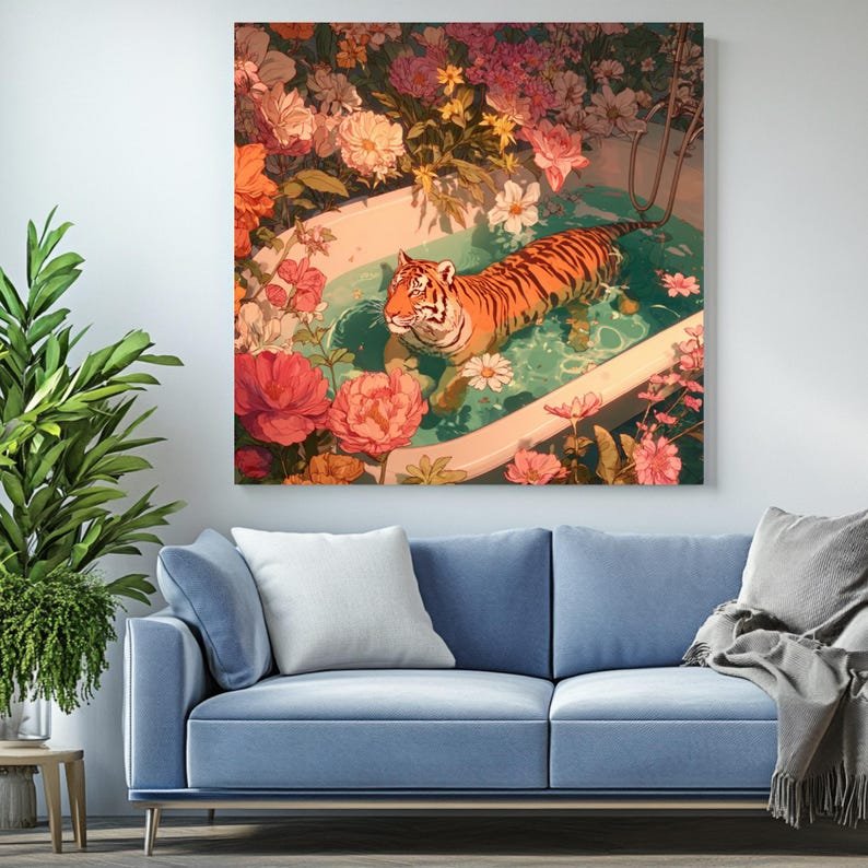 Tiger in Bathtub Wall Art, Canvas Or Poster, Funny Bathroom Print, Quirky Animal Poster, Dopamine Decor, Whimsical Tiger, Home Decor - Image 4