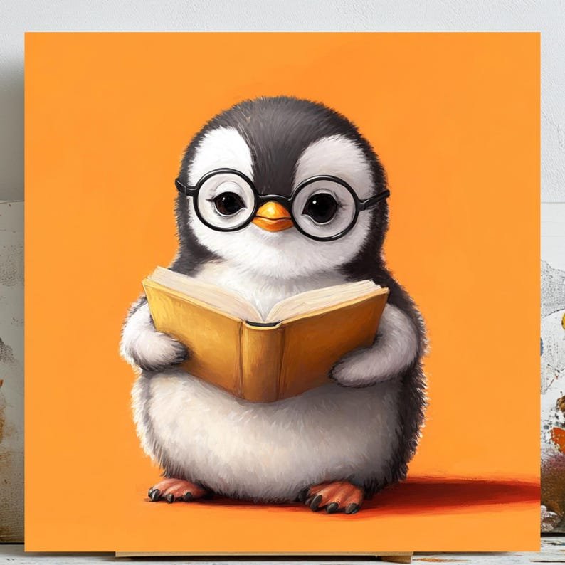 Cute Penguin Reading Wall Art, Book Lover Animal Print, Reading Nook Decor, Adorable Penguin Poster, Kids Room Art, Digital Wall Art