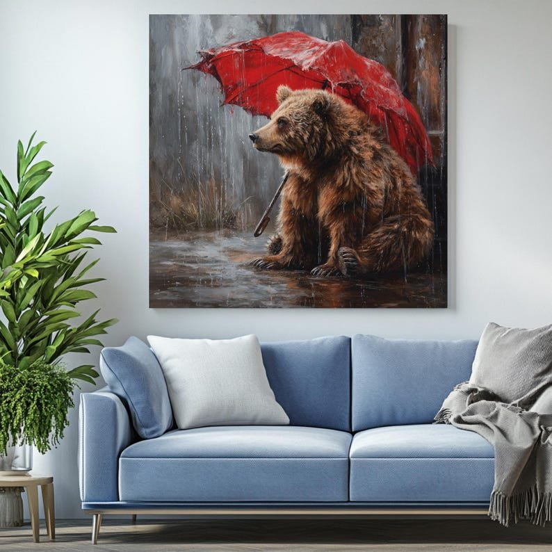 Bear with Umbrella, Canvas or Poster, Beautiful Wall Decor for Your Home, Living Room Wall Hanging, Nature-Inspired Animal Art, Home Decor - Image 4