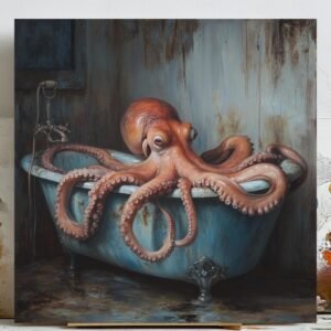 Octopus In Bathtub, Canvas Or Poster, Bathroom Wall Art, Animal Decor, Kids Decor, Nautical Nursery Art, Funny Octopus Wall Art, Home Decor