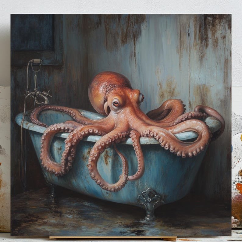 Octopus In Bathtub, Canvas Or Poster, Bathroom Wall Art, Animal Decor, Kids Decor, Nautical Nursery Art, Funny Octopus Wall Art, Home Decor