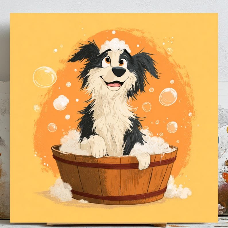 Playful Dog Bubble Bath Art, Canvas or Poster, Whimsical Animal Artwork, Bathroom Wall Hanging, Playful Pet Wall Decor, Orange Yellow