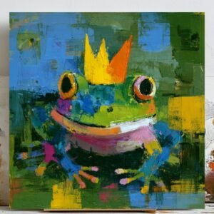 Frog with Crown, Oil Painting Print, Nursery Wall Art, Modern Abstract Decor, Whimsical Animal Art, Kids Bedroom, Vibrant Impasto Canvas Art