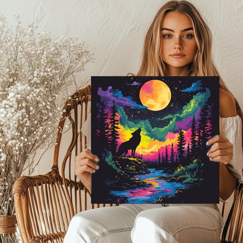Howling Wolf Under Moon Wall Art, Canvas or Poster, Vibrant Night Sky Decor, Nature Forest Landscape, Cosmic Wall Art, Animal Painting - Image 5