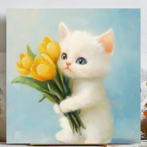 White Cat With Yellow Tulips Art, Poster or Canvas, Modern Minimalist Decor, Living Room Bedroom Nursery Entryway Yellow White Beige Green
