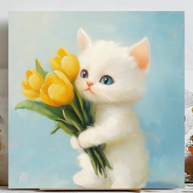 White Cat With Yellow Tulips Art, Poster or Canvas, Modern Minimalist Decor, Living Room Bedroom Nursery Entryway Yellow White Beige Green