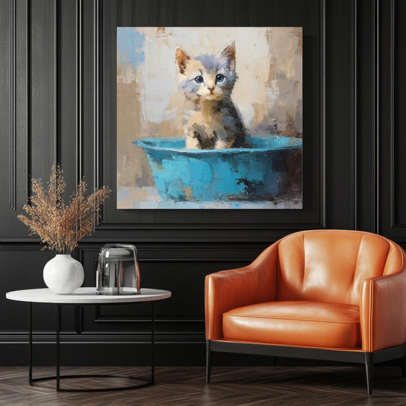 Kitten Bath Time Art, Canvas or Poster, Whimsical Scandinavian Decor, Living Room Bedroom Bathroom Wall Art, Beige Blue Multicolor, Kitten - Image 3